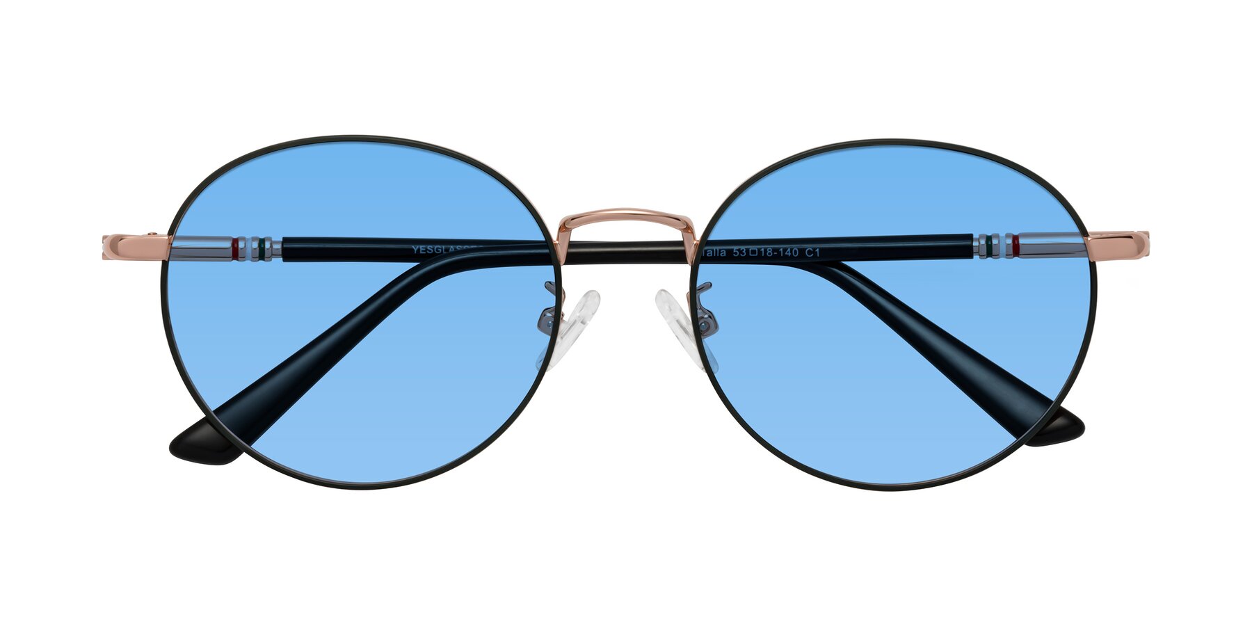 Folded Front of Talla in Black-Gold with Medium Blue Tinted Lenses