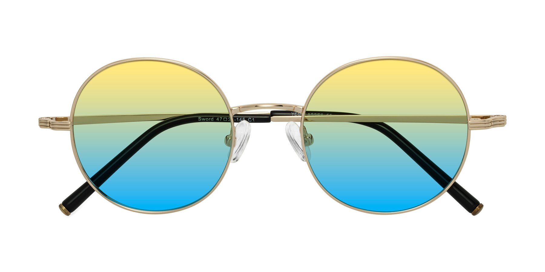 Folded Front of Sword in Light Gold with Yellow / Blue Gradient Lenses