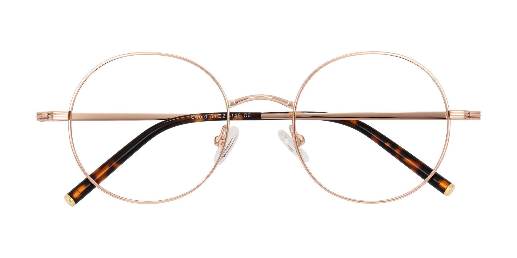 Folded Front of Sword in Rose Gold/Tortoise with Clear Eyeglass Lenses