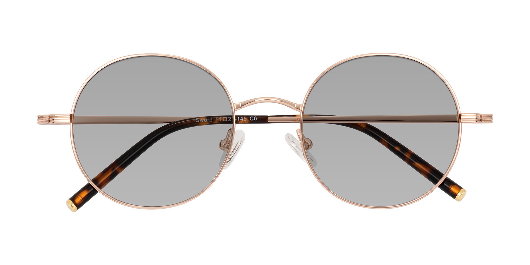 Folded Front of Sword in Rose Gold/Tortoise with Light Gray Tinted Lenses