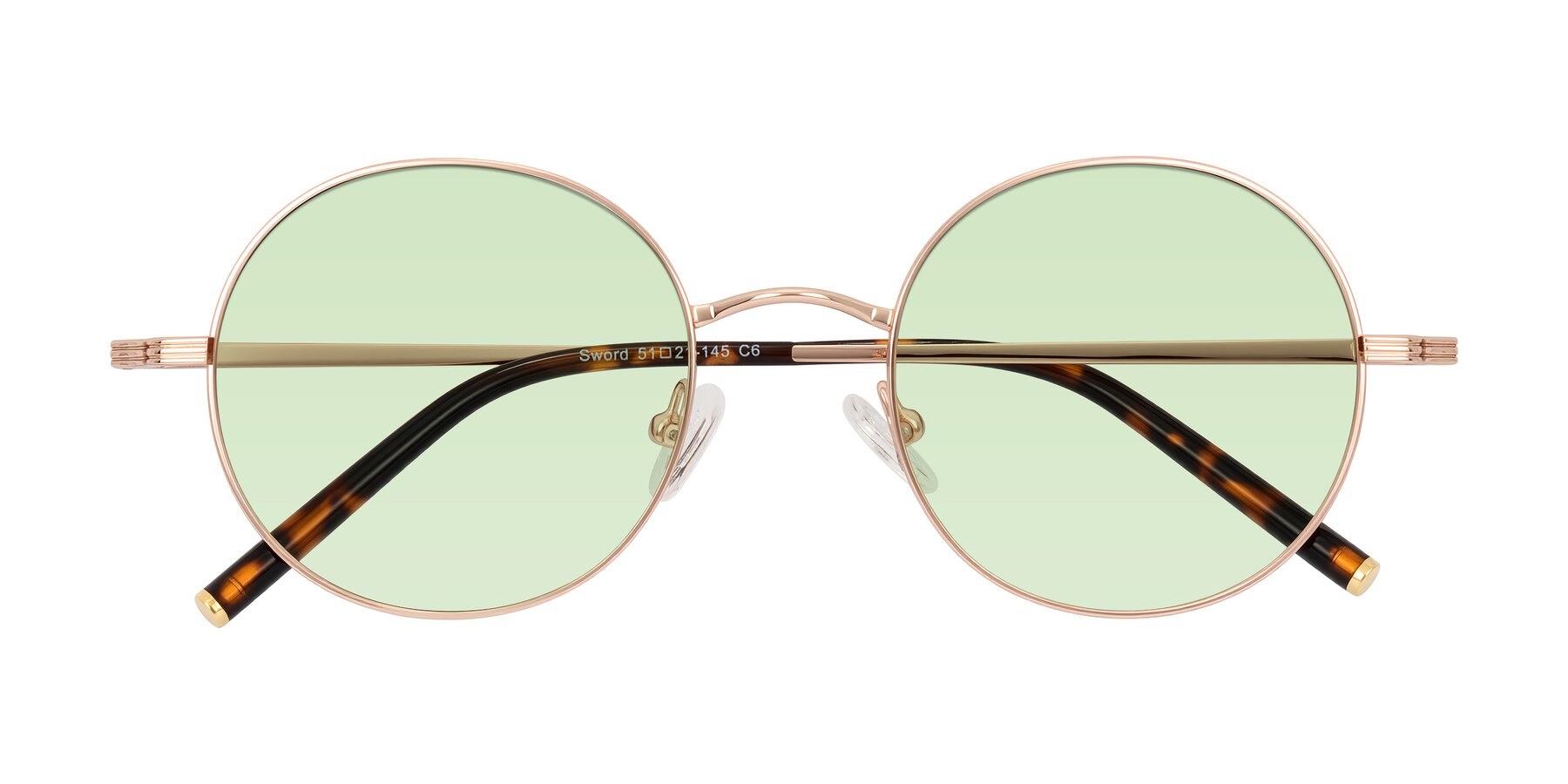 Folded Front of Sword in Rose Gold/Tortoise with Light Green Tinted Lenses