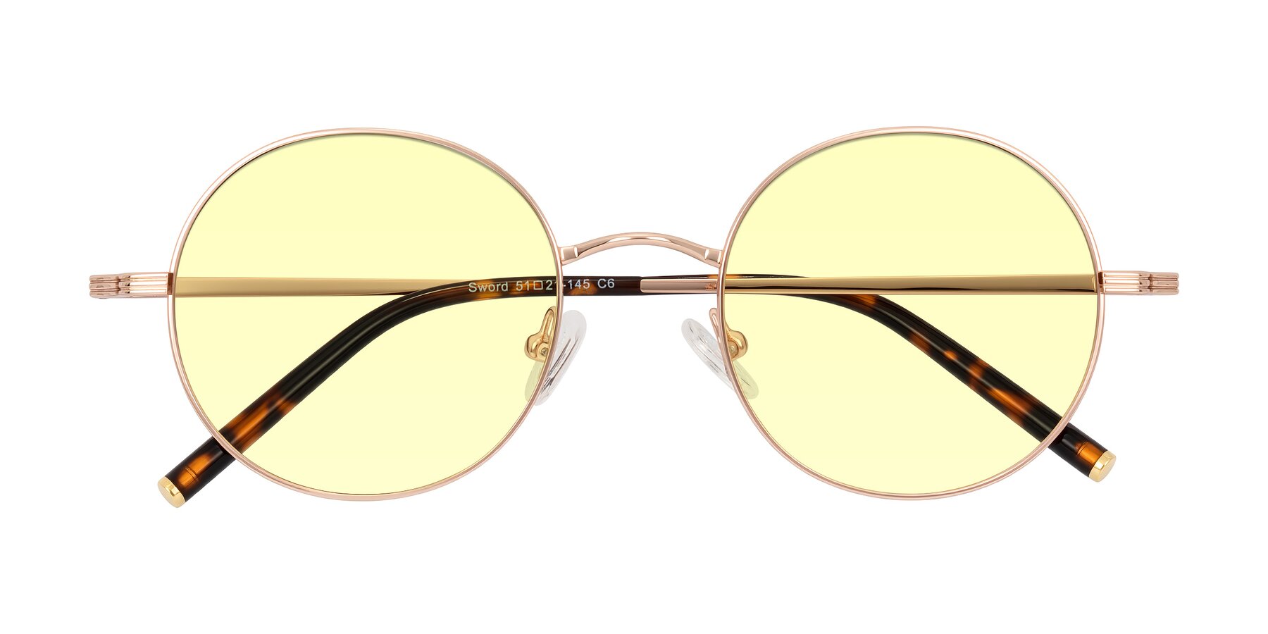 Folded Front of Sword in Rose Gold/Tortoise with Light Yellow Tinted Lenses