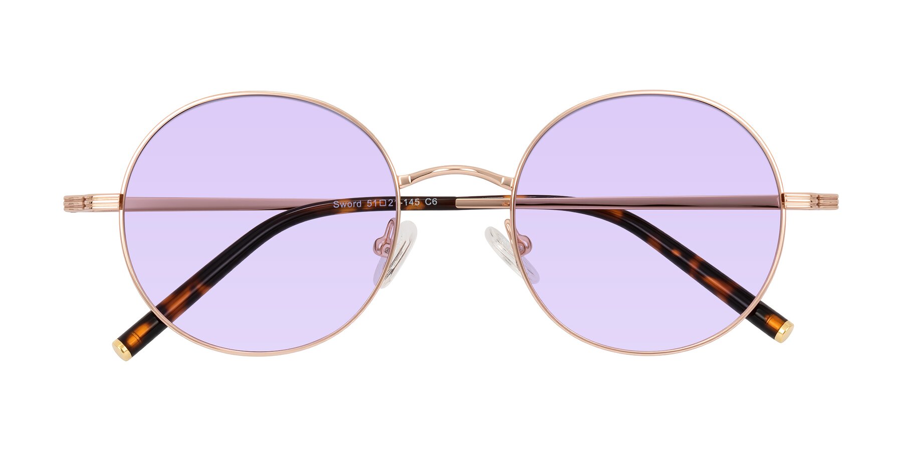 Folded Front of Sword in Rose Gold/Tortoise with Light Purple Tinted Lenses