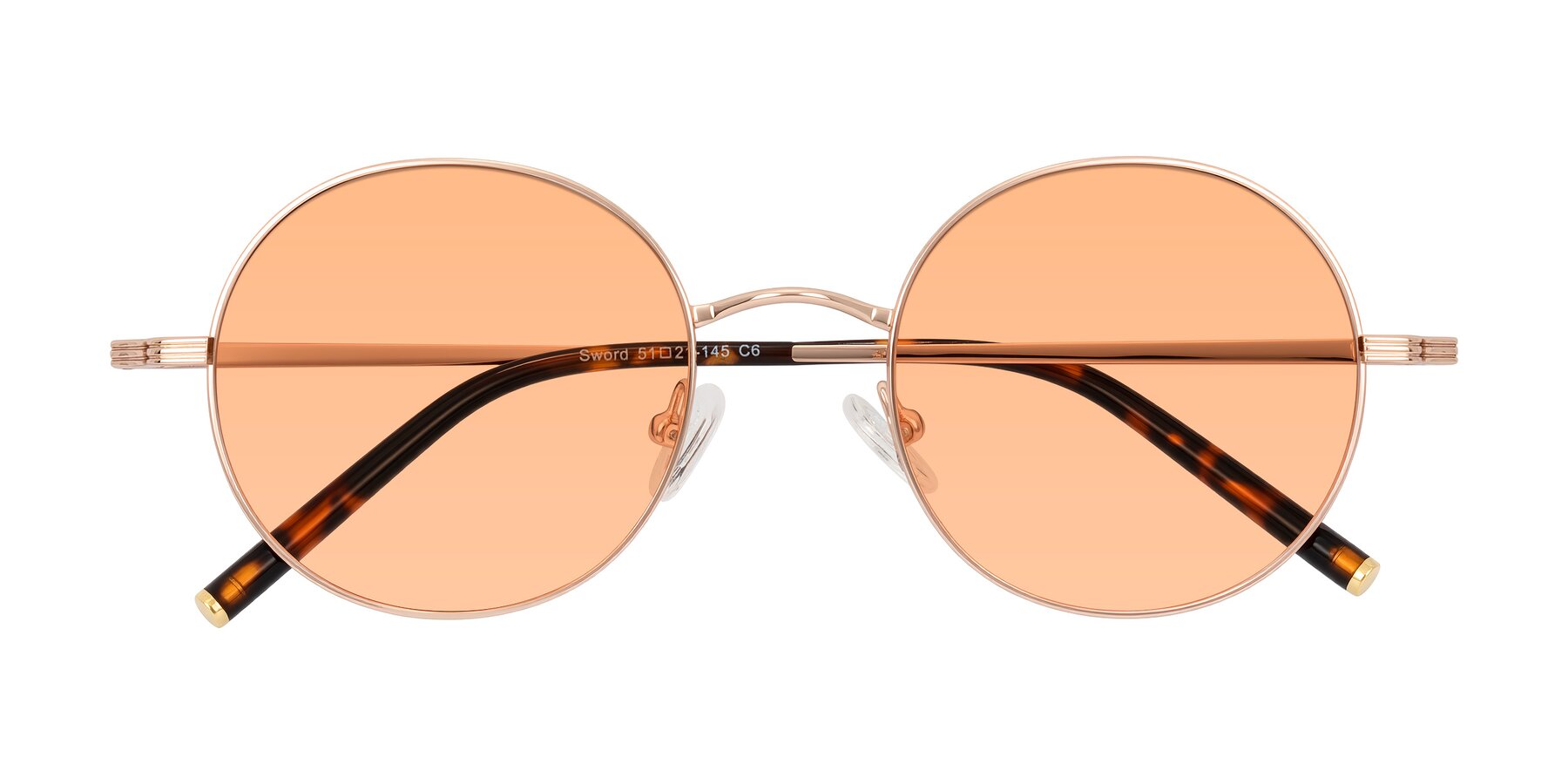 Folded Front of Sword in Rose Gold/Tortoise with Light Orange Tinted Lenses