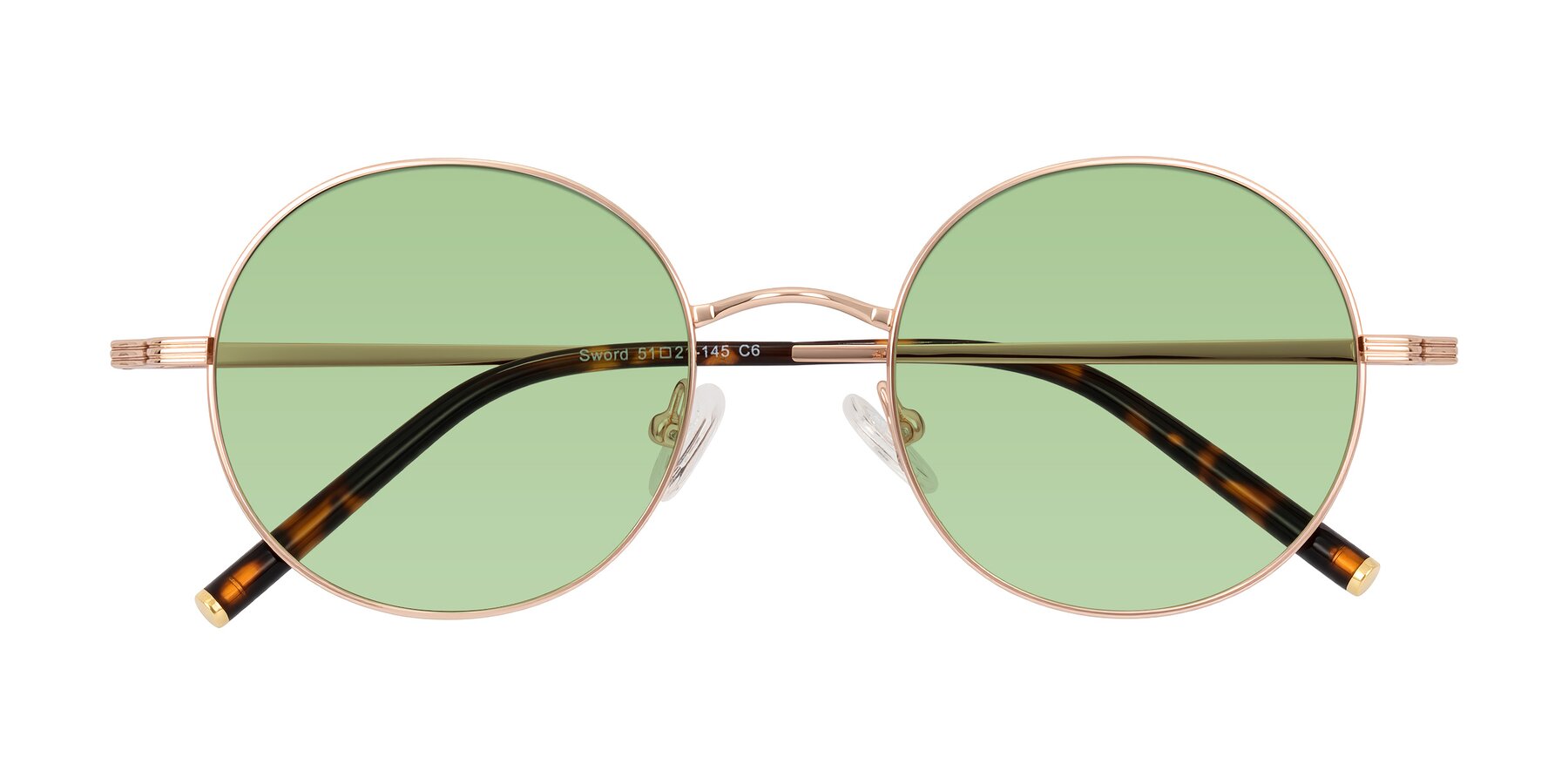 Folded Front of Sword in Rose Gold/Tortoise with Medium Green Tinted Lenses