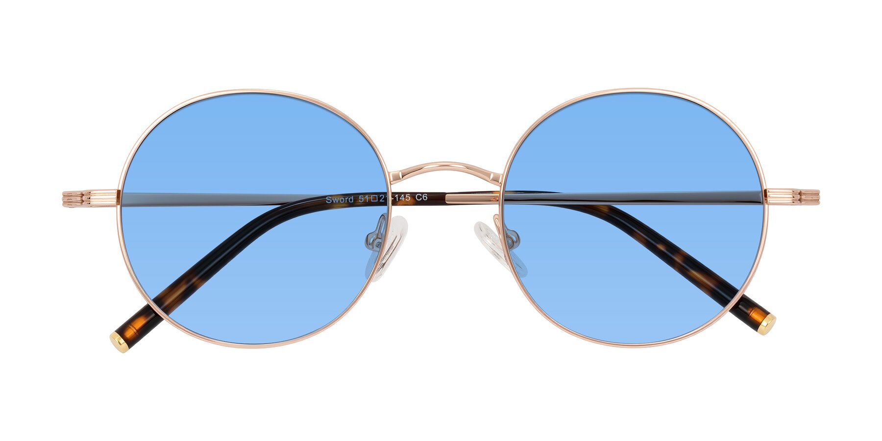 Folded Front of Sword in Rose Gold/Tortoise with Medium Blue Tinted Lenses