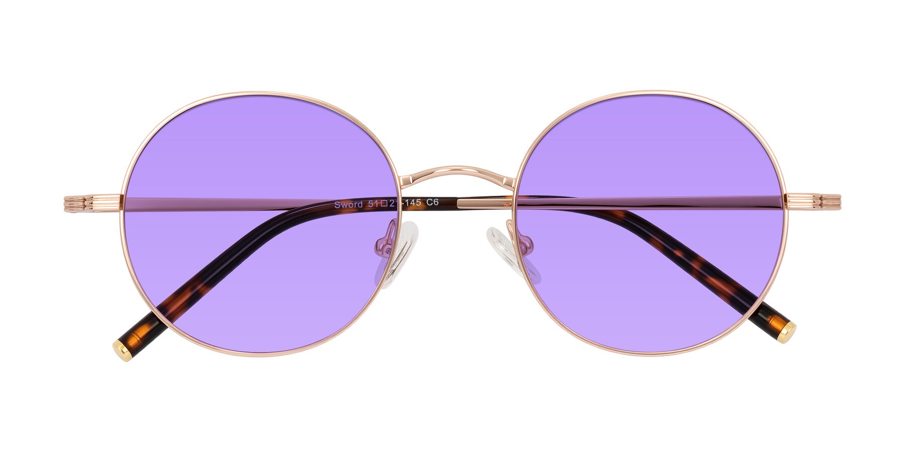 Folded Front of Sword in Rose Gold/Tortoise with Medium Purple Tinted Lenses