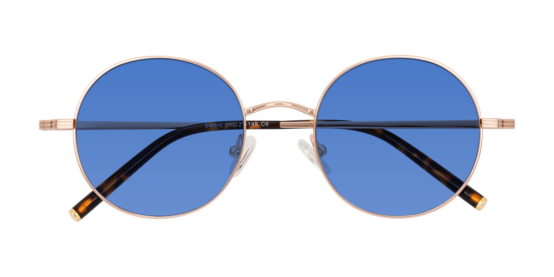 Folded Front of Sword in Rose Gold/Tortoise with Blue Tinted Lenses