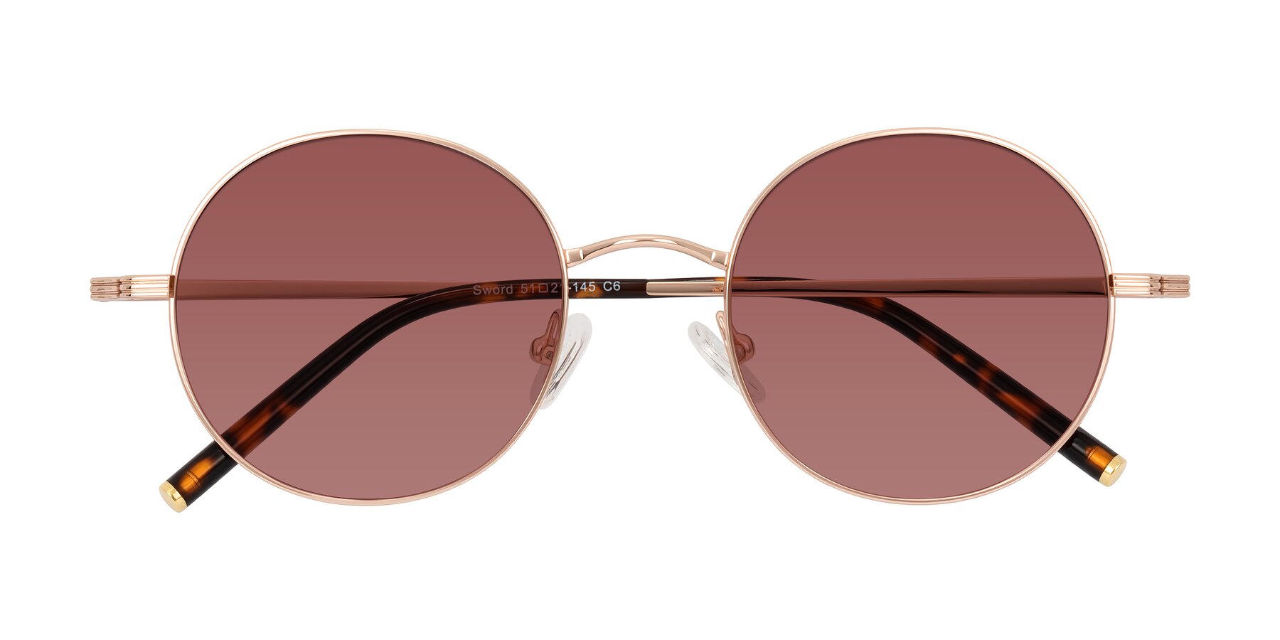 Folded Front of Sword in Rose Gold/Tortoise with Garnet Tinted Lenses