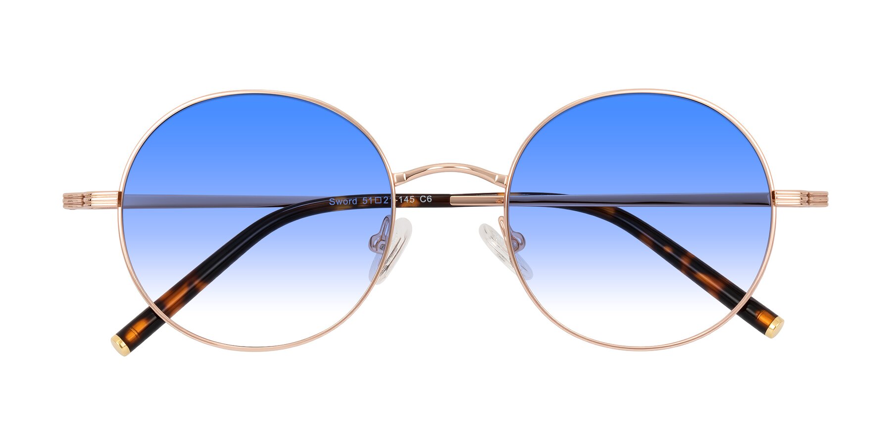 Folded Front of Sword in Rose Gold/Tortoise with Blue Gradient Lenses