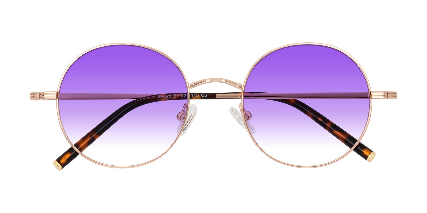 Folded Front of Sword in Rose Gold/Tortoise with Purple Gradient Lenses