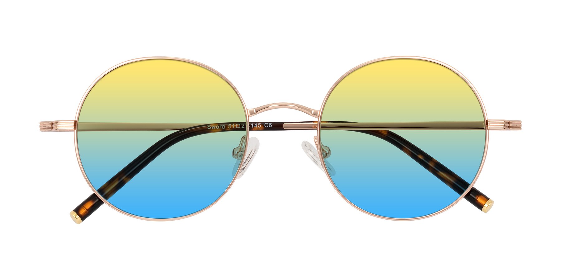 Folded Front of Sword in Rose Gold/Tortoise with Yellow / Blue Gradient Lenses