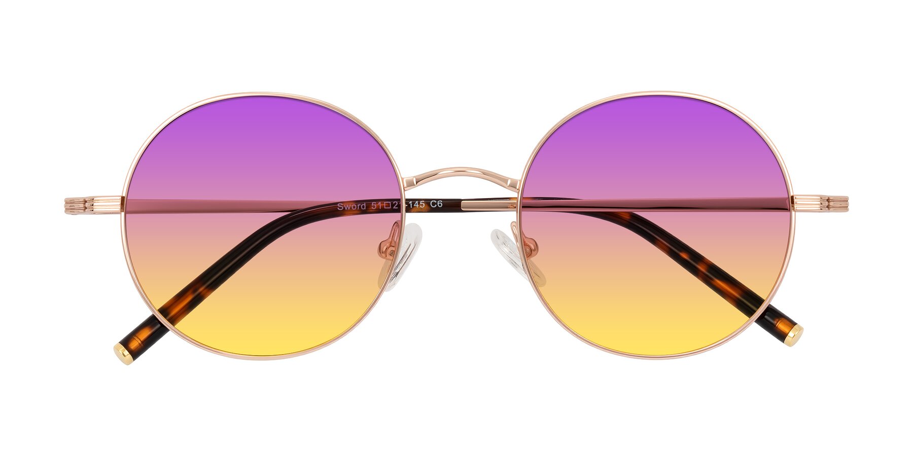 Folded Front of Sword in Rose Gold/Tortoise with Purple / Yellow Gradient Lenses