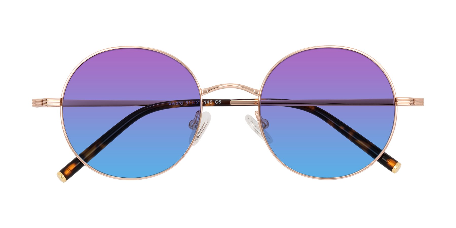 Folded Front of Sword in Rose Gold/Tortoise with Purple / Blue Gradient Lenses