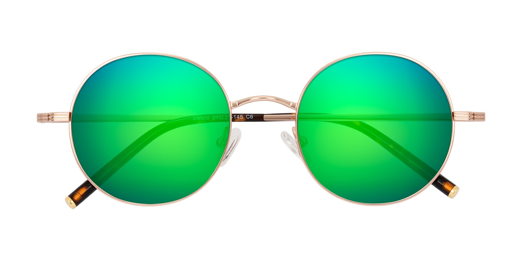 Folded Front of Sword in Rose Gold/Tortoise with Green Mirrored Lenses