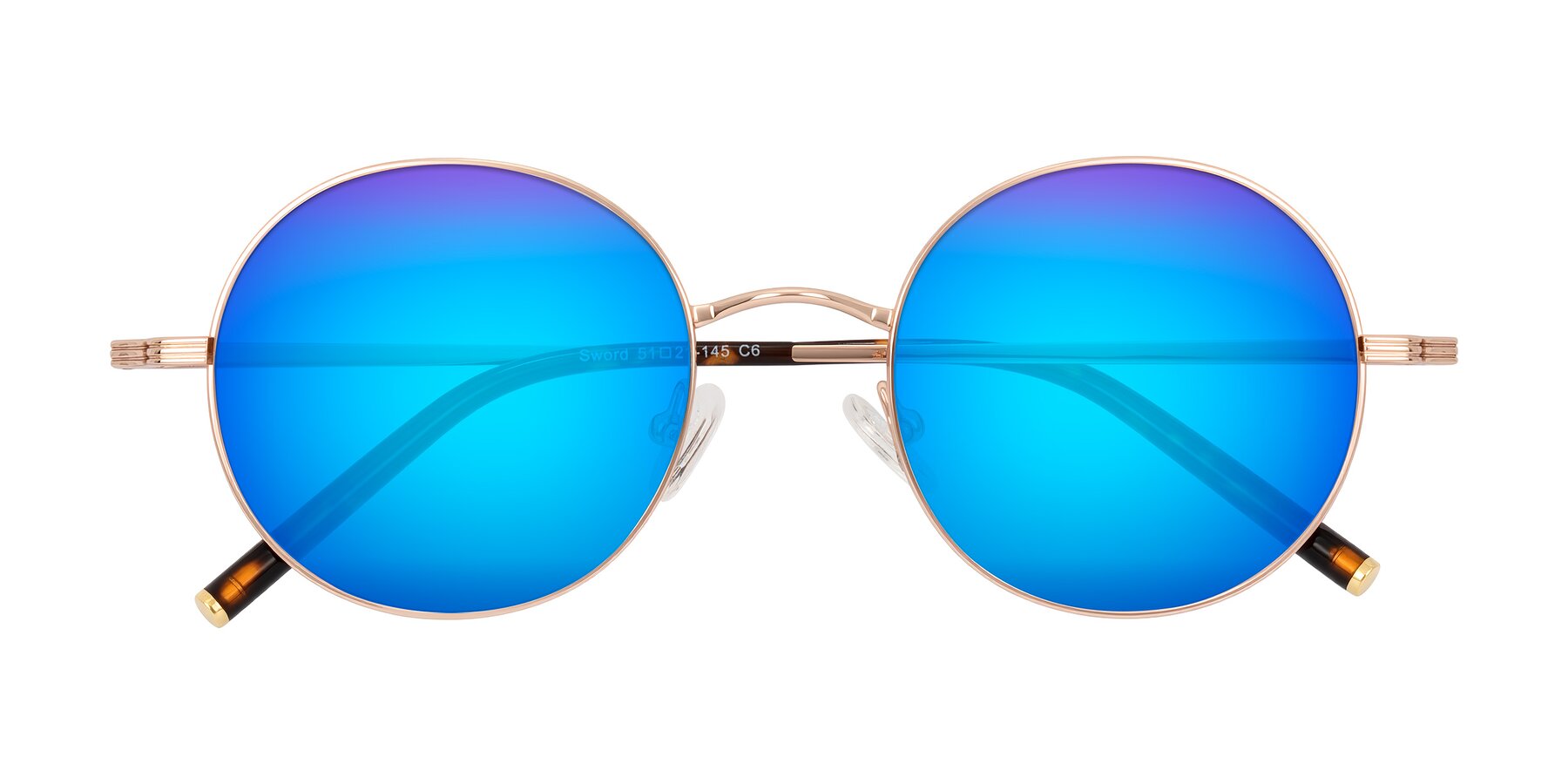Folded Front of Sword in Rose Gold/Tortoise with Blue Mirrored Lenses