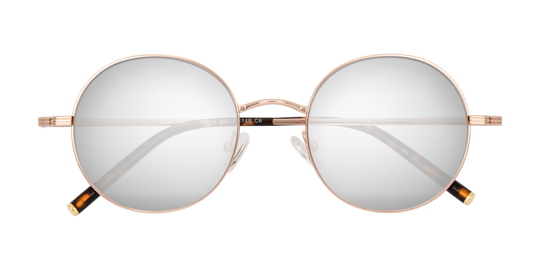 Folded Front of Sword in Rose Gold/Tortoise with Silver Mirrored Lenses