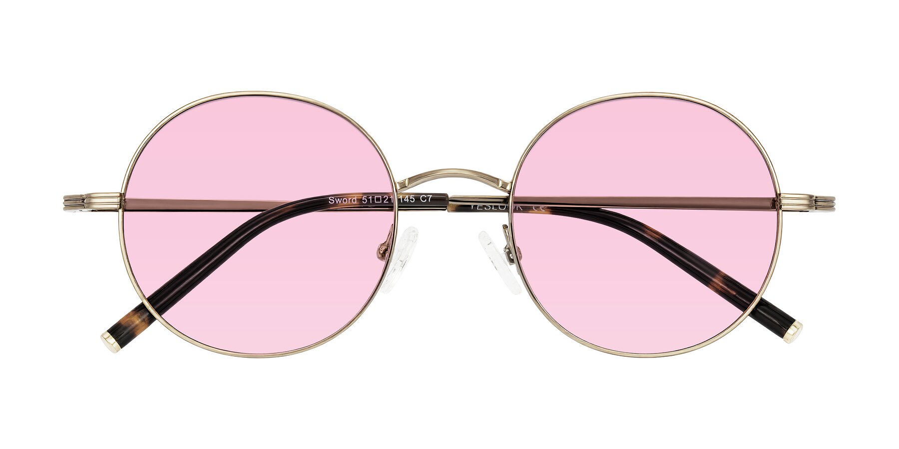 Folded Front of Sword in Antique Brass/Tortoise with Light Pink Tinted Lenses