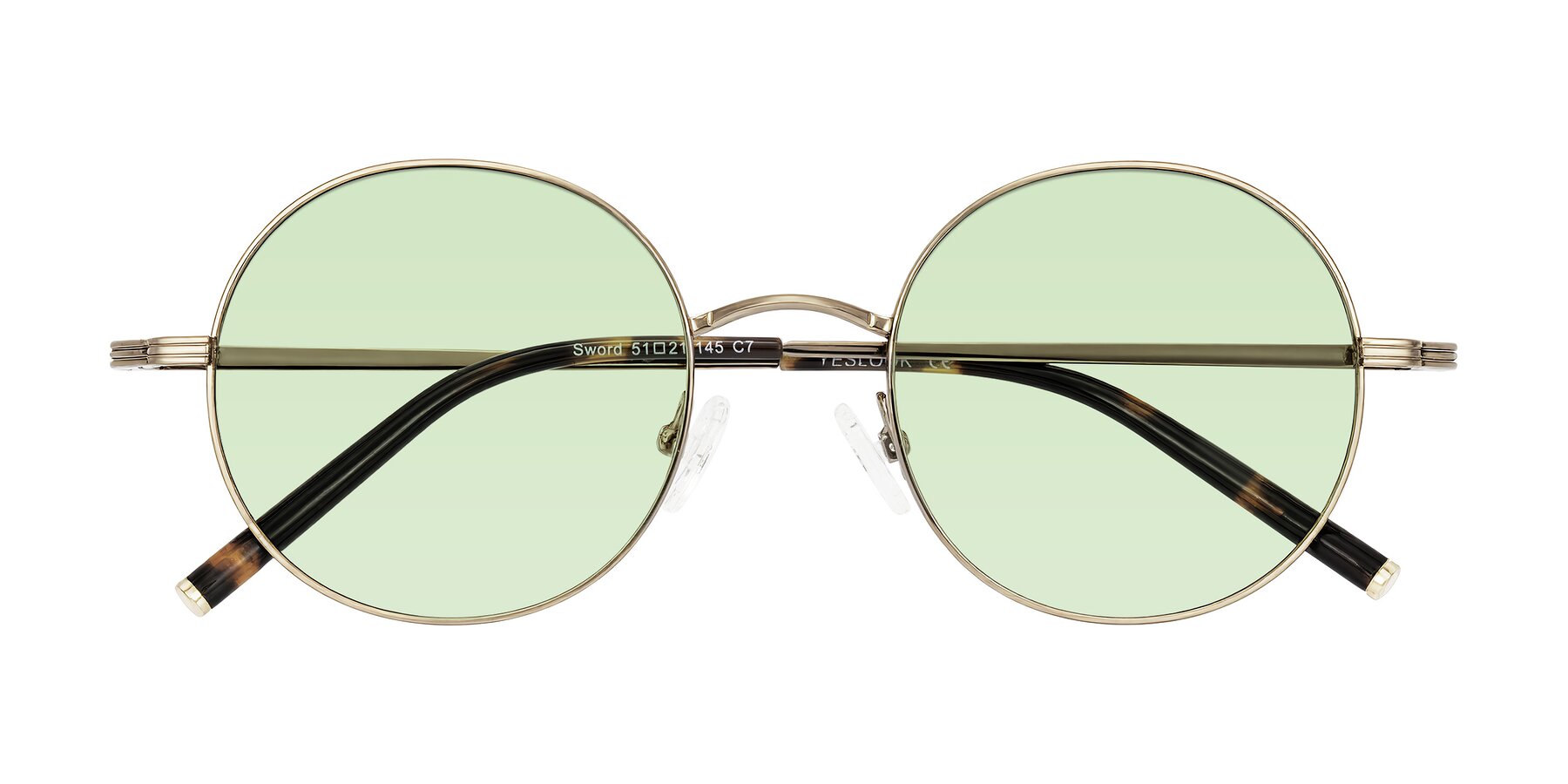 Folded Front of Sword in Antique Brass/Tortoise with Light Green Tinted Lenses