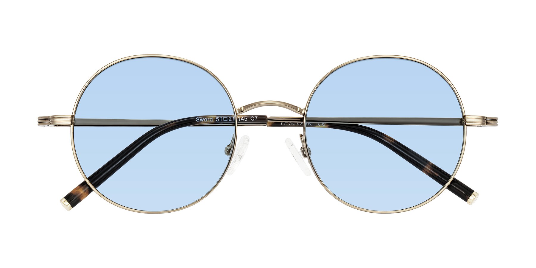 Folded Front of Sword in Antique Brass/Tortoise with Light Blue Tinted Lenses