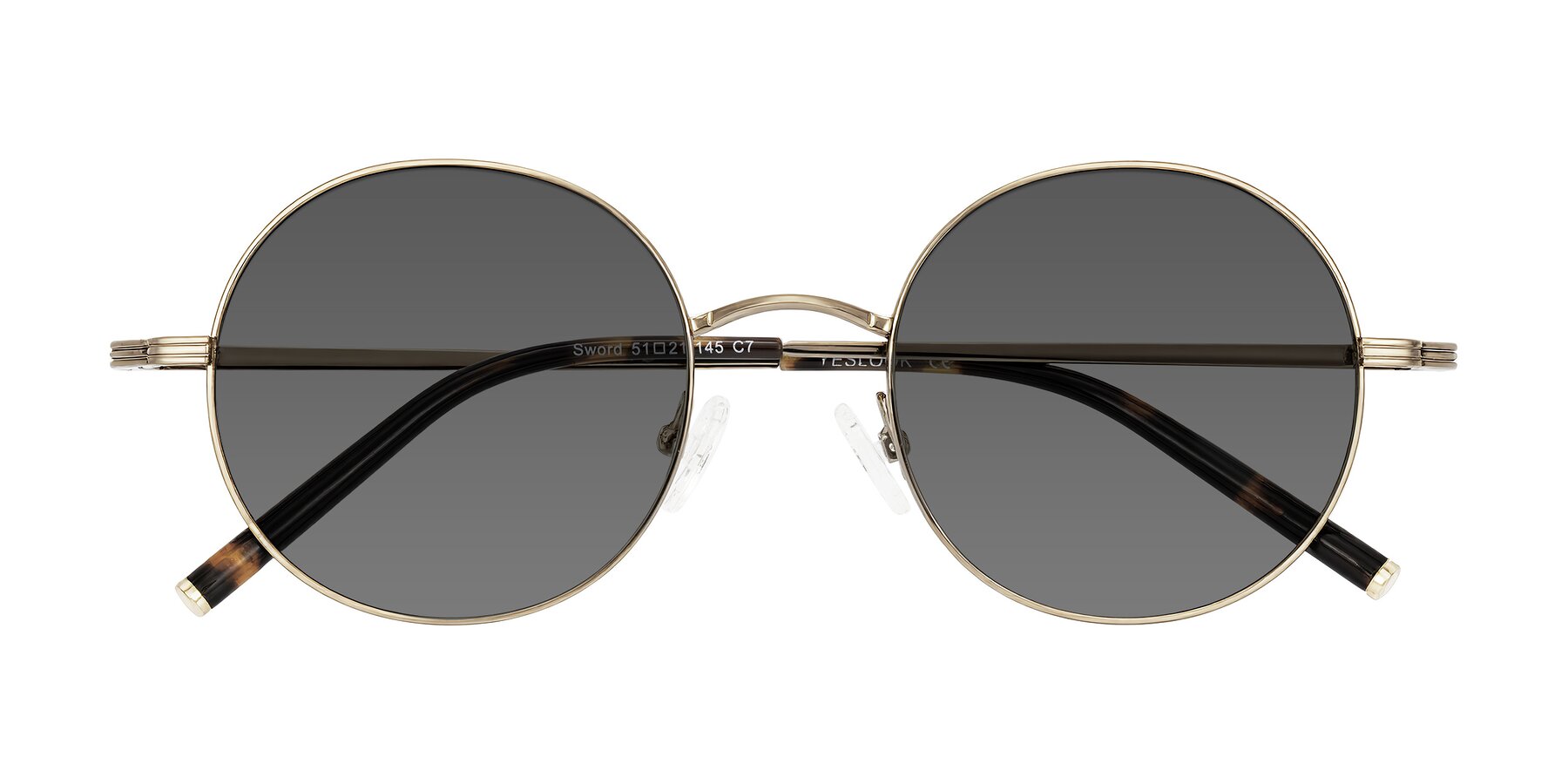 Folded Front of Sword in Antique Brass/Tortoise with Medium Gray Tinted Lenses