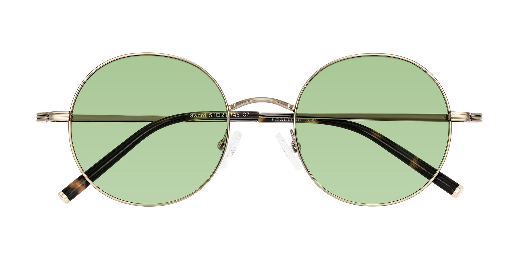 Folded Front of Sword in Antique Brass/Tortoise with Medium Green Tinted Lenses