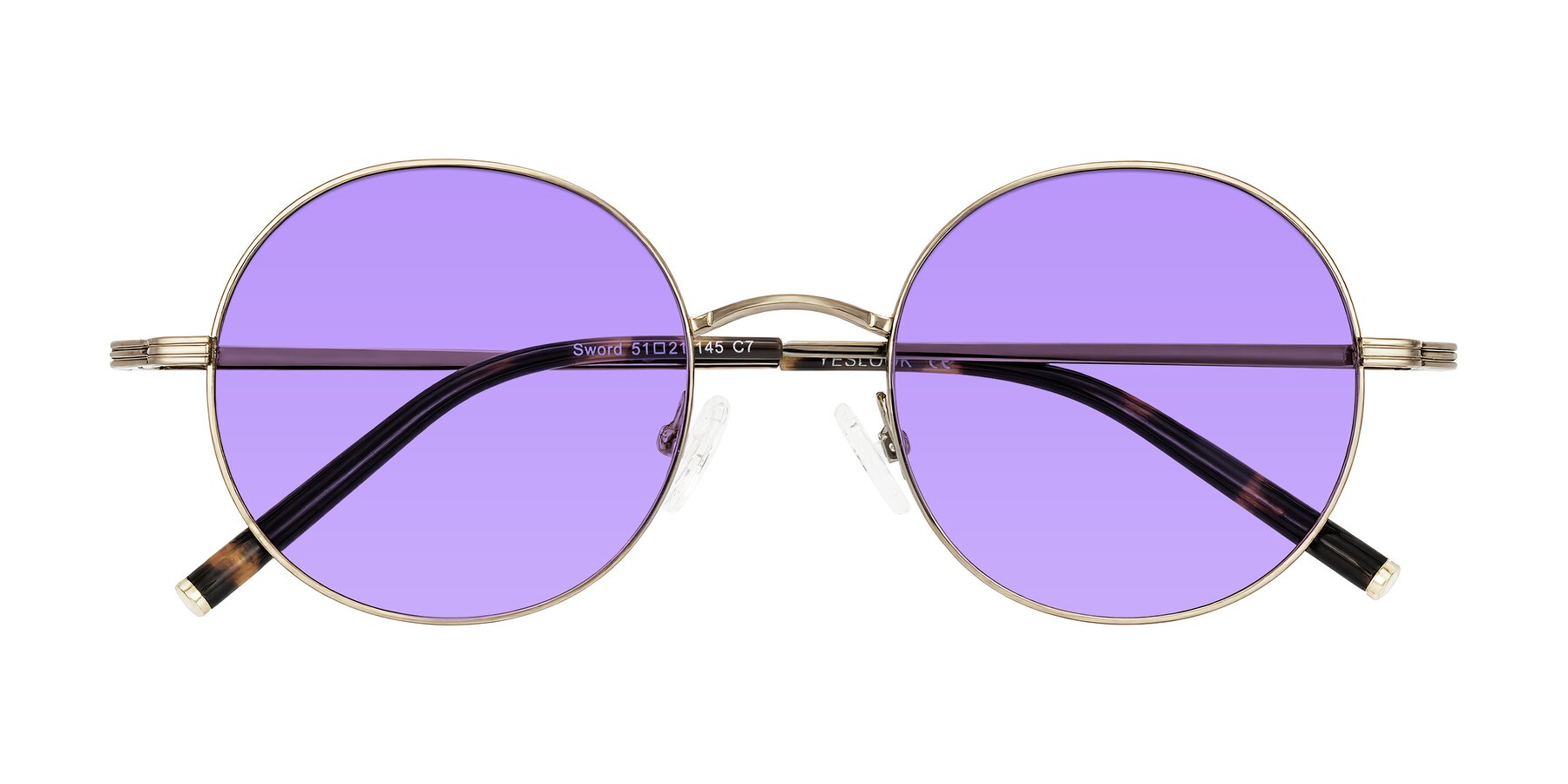 Folded Front of Sword in Antique Brass/Tortoise with Medium Purple Tinted Lenses