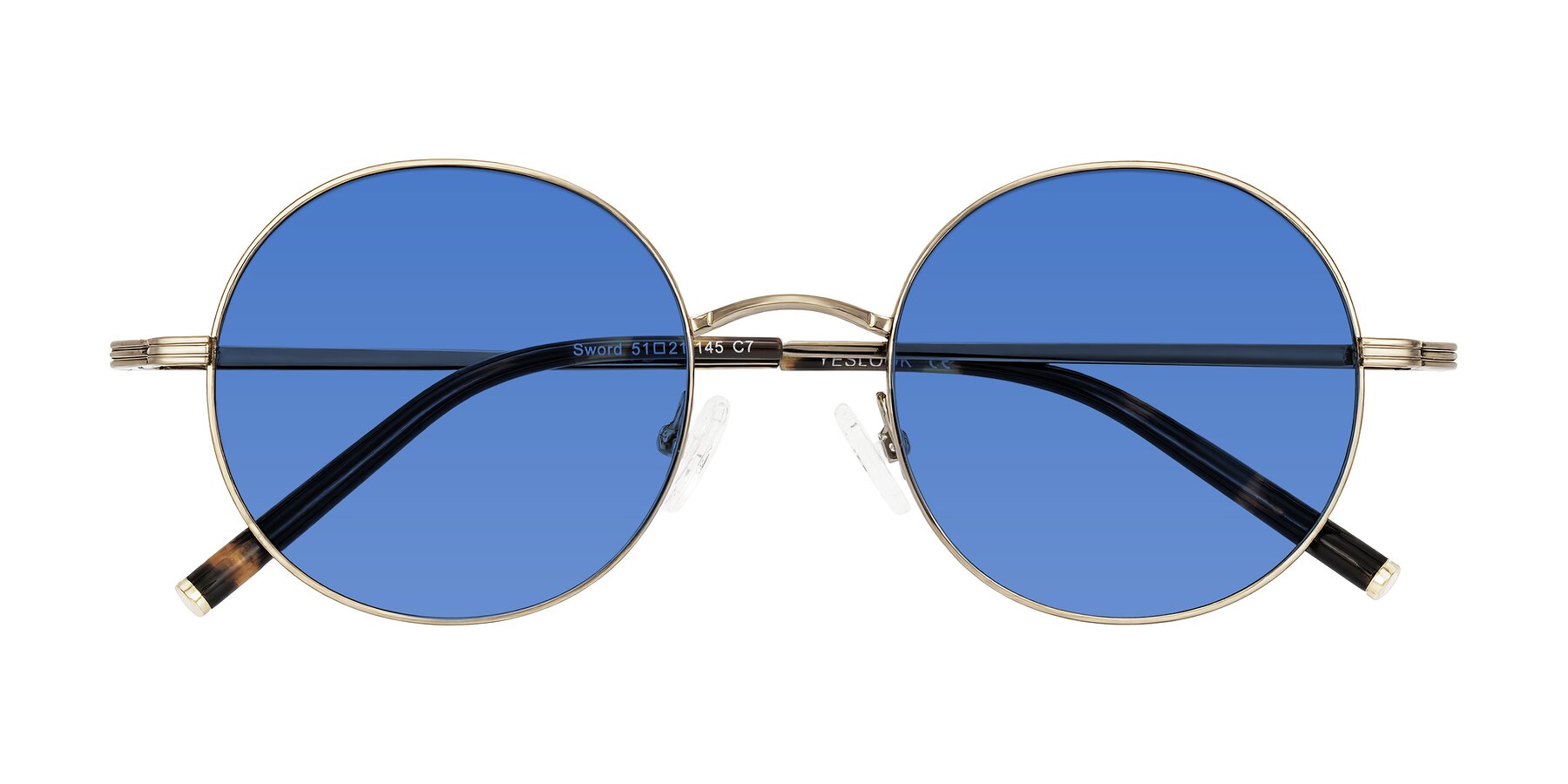 Folded Front of Sword in Antique Brass/Tortoise with Blue Tinted Lenses