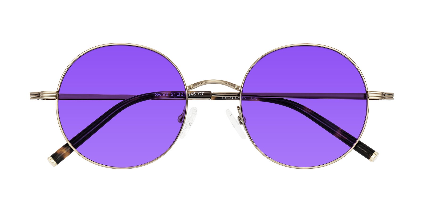 Folded Front of Sword in Antique Brass/Tortoise with Purple Tinted Lenses