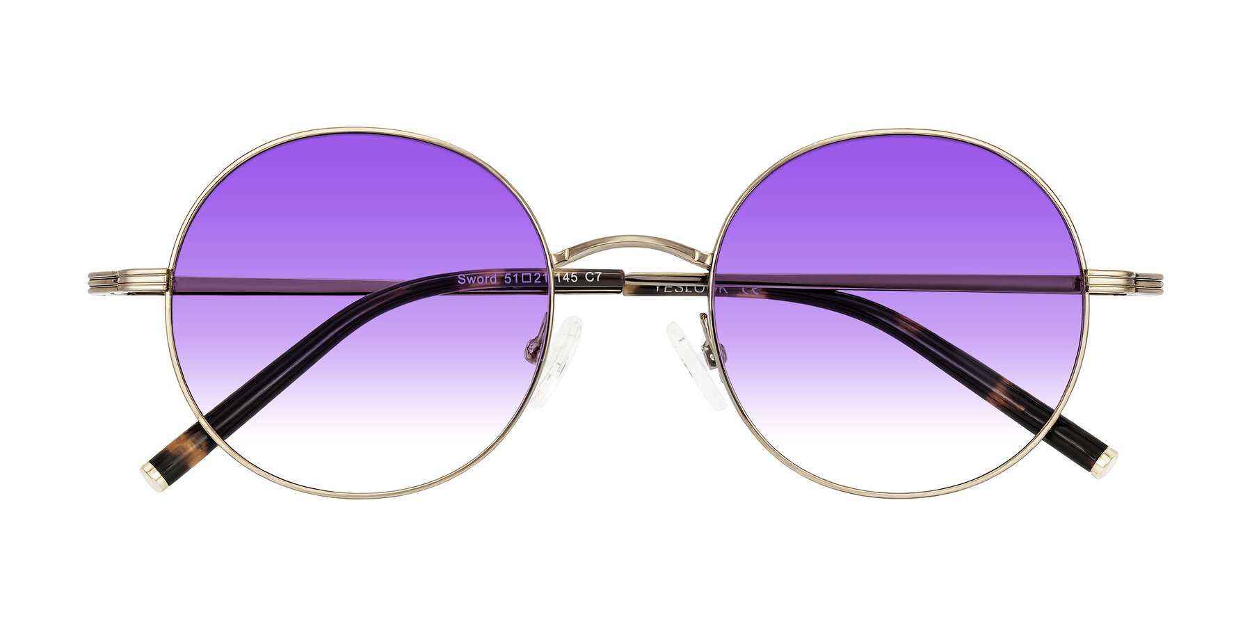 Folded Front of Sword in Antique Brass/Tortoise with Purple Gradient Lenses