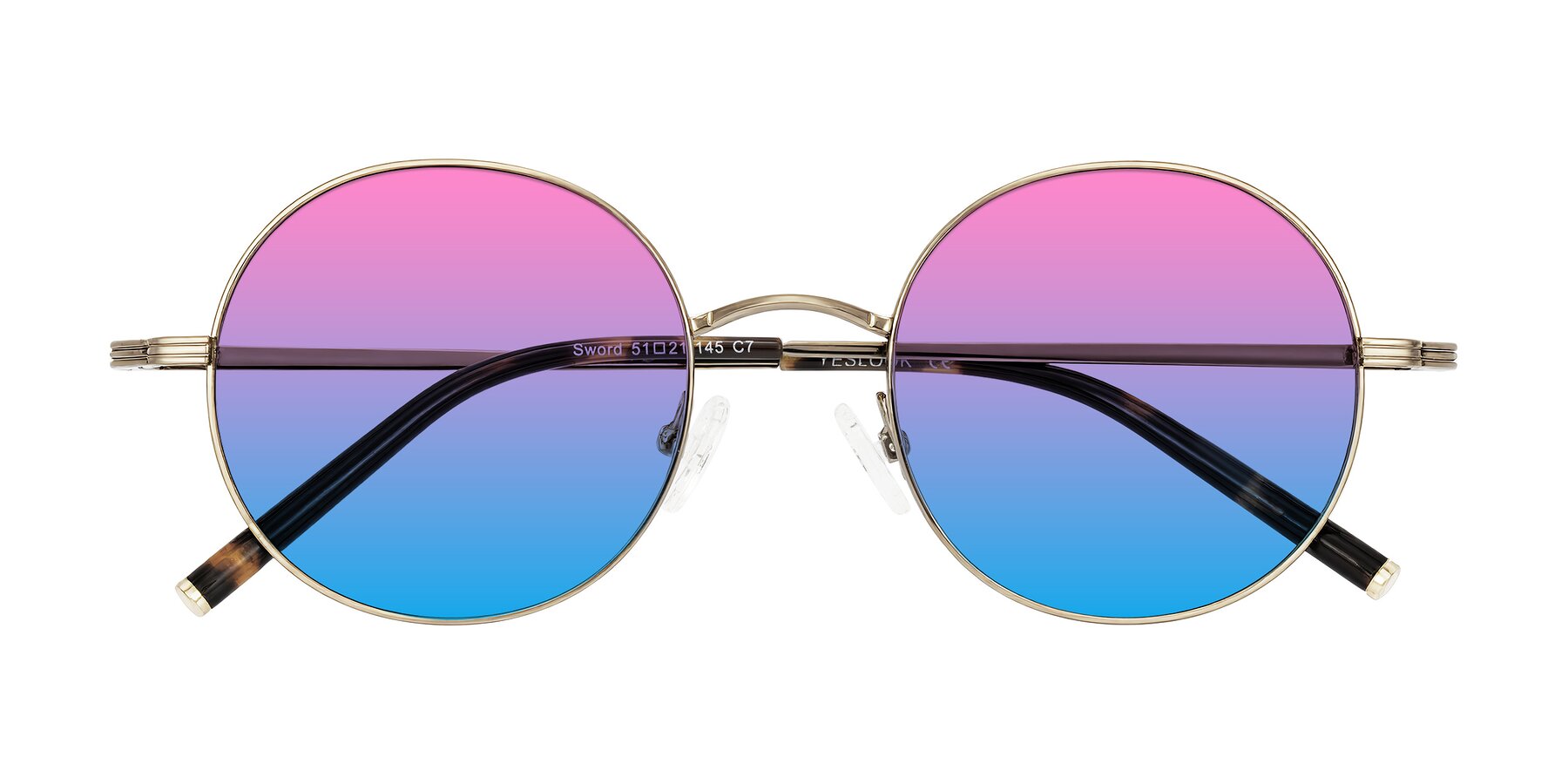 Folded Front of Sword in Antique Brass/Tortoise with Pink / Blue Gradient Lenses