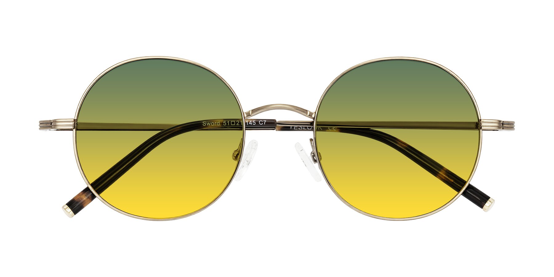 Folded Front of Sword in Antique Brass/Tortoise with Green / Yellow Gradient Lenses