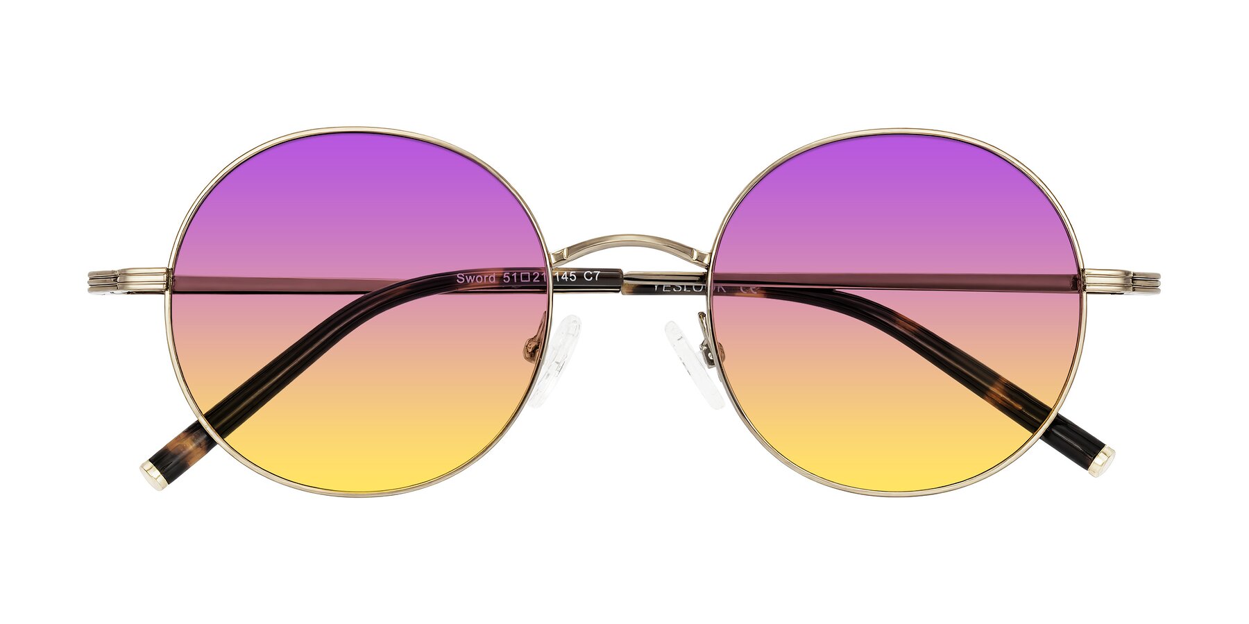 Folded Front of Sword in Antique Brass/Tortoise with Purple / Yellow Gradient Lenses