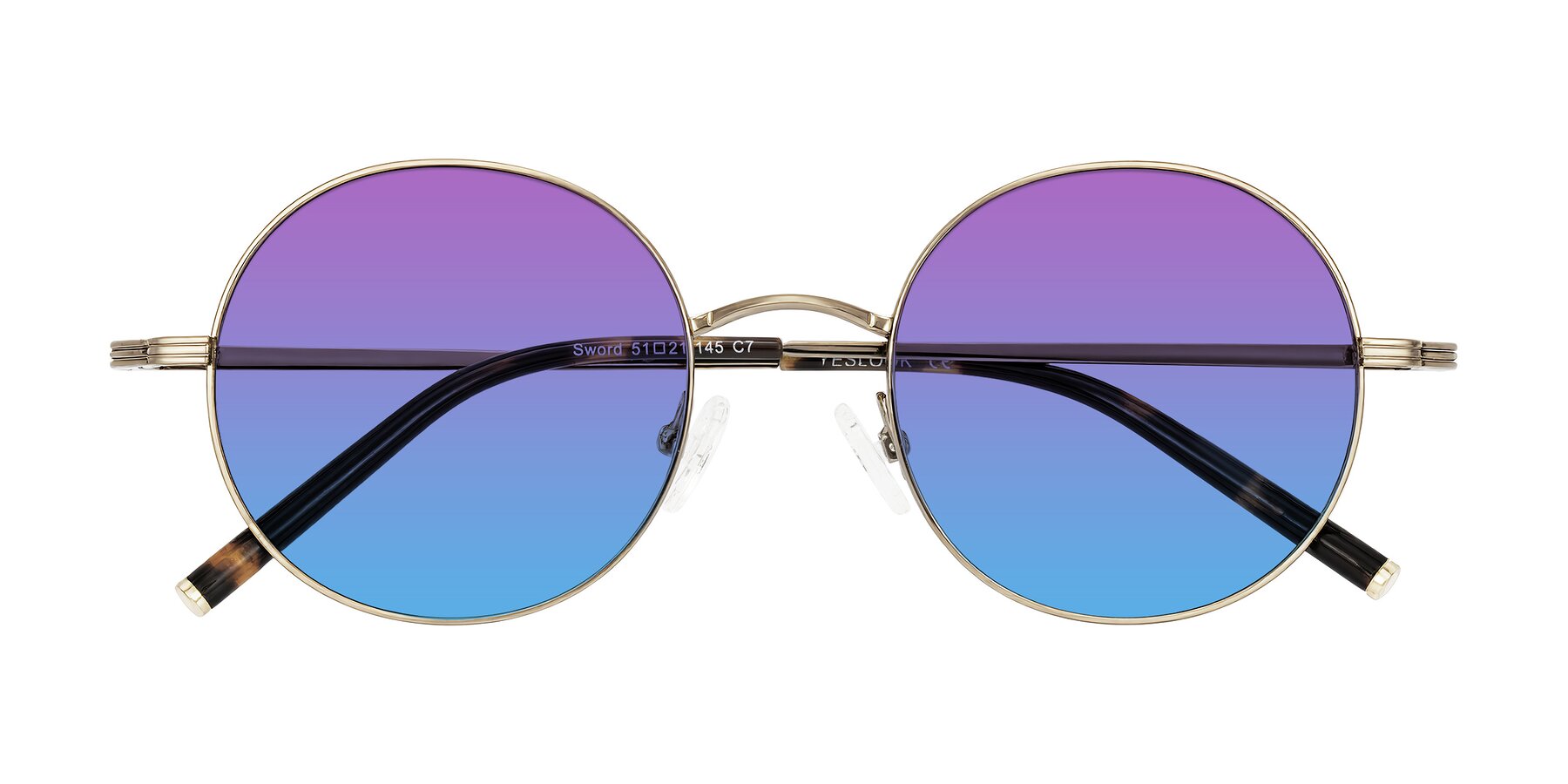 Folded Front of Sword in Antique Brass/Tortoise with Purple / Blue Gradient Lenses