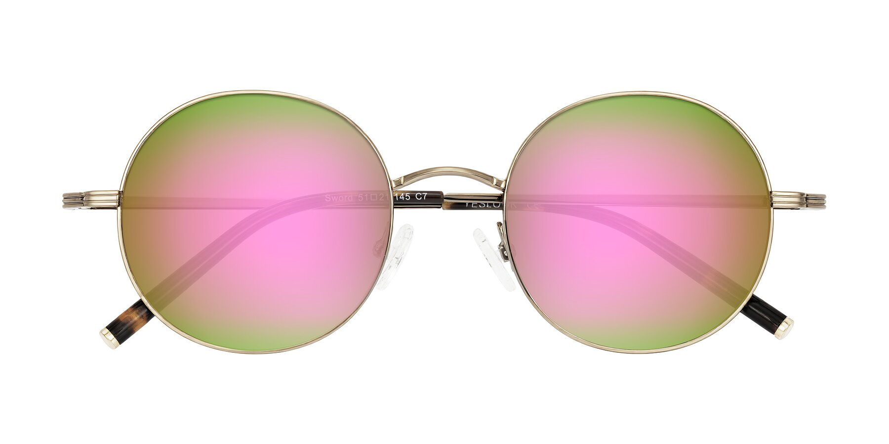 Folded Front of Sword in Antique Brass/Tortoise with Pink Mirrored Lenses