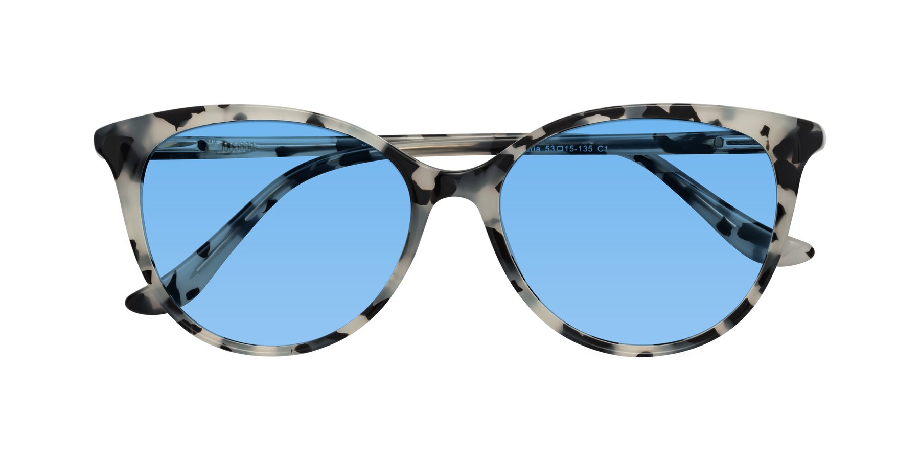 Folded Front of Maria in Ivory Tortoise with Medium Blue Tinted Lenses