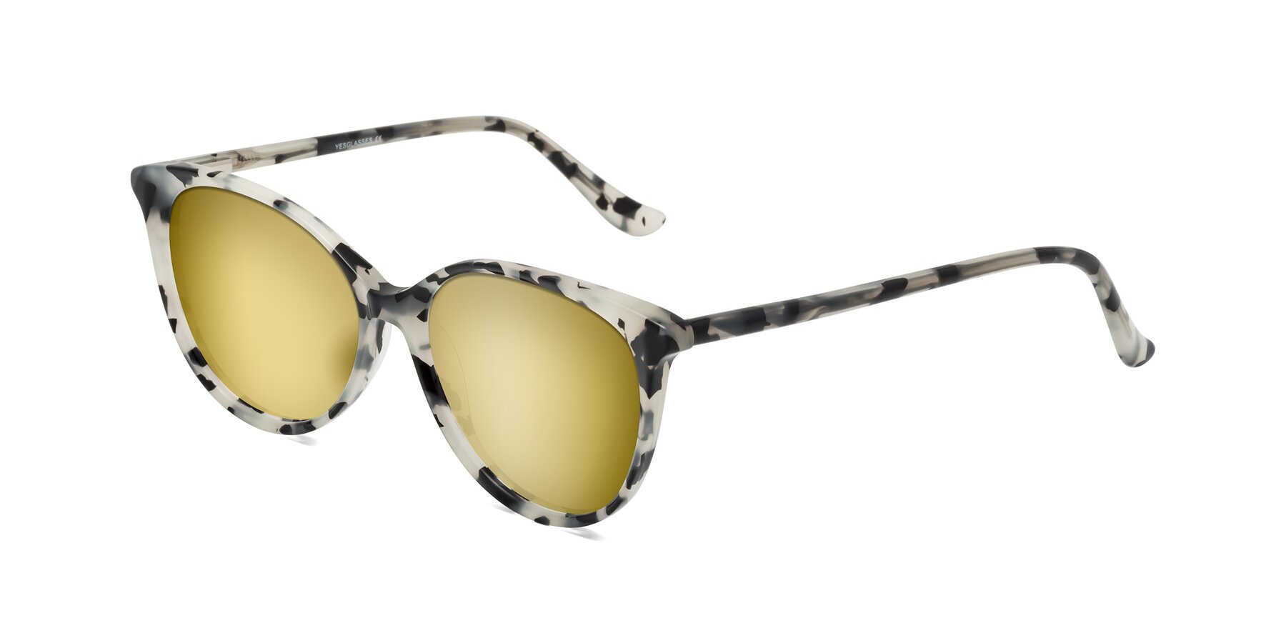 Angle of Maria in Ivory Tortoise with Gold Mirrored Lenses