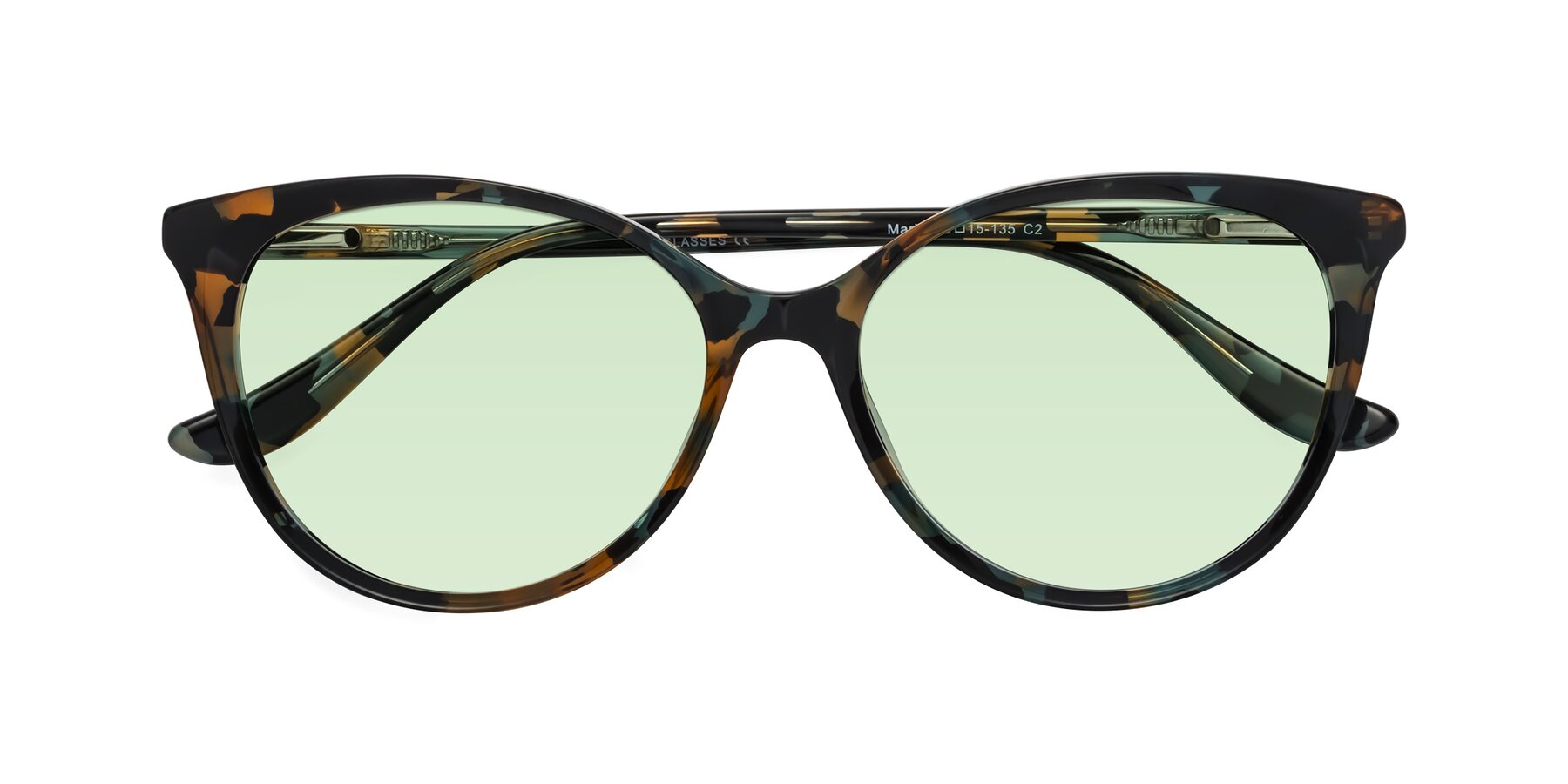 Folded Front of Maria in Orange Tortoise with Light Green Tinted Lenses