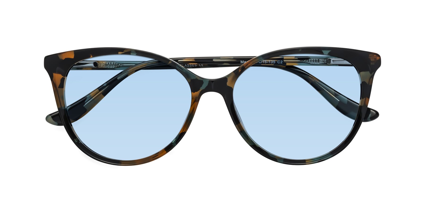 Folded Front of Maria in Orange Tortoise with Light Blue Tinted Lenses