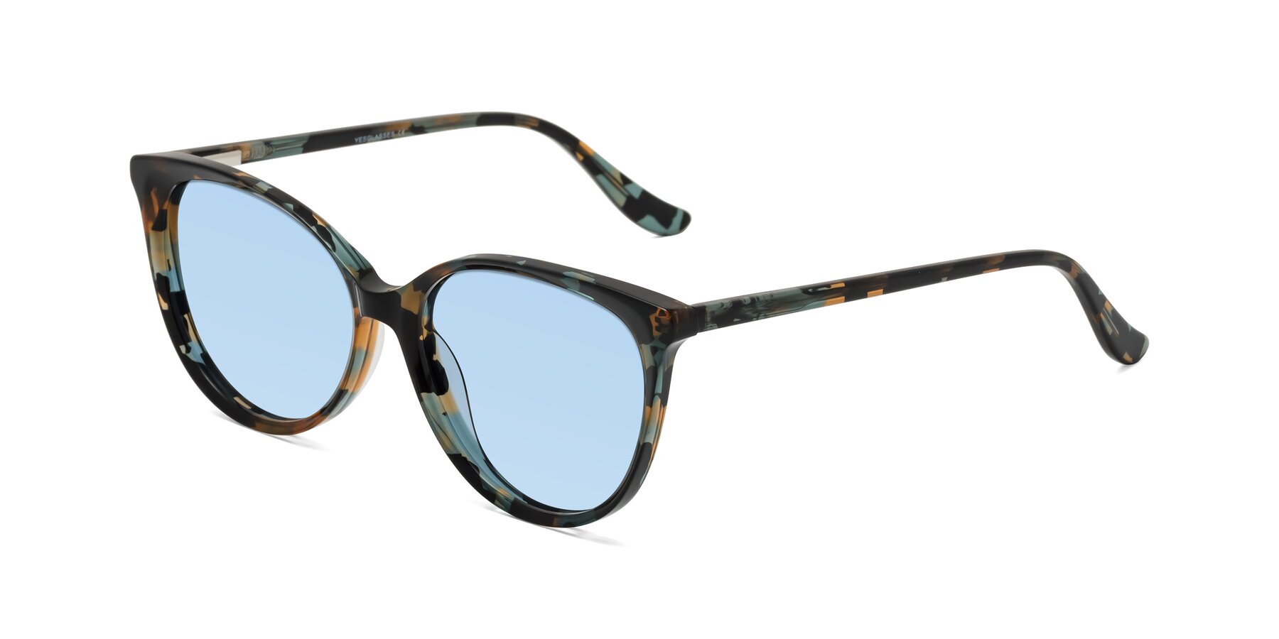 Angle of Maria in Orange Tortoise with Light Blue Tinted Lenses