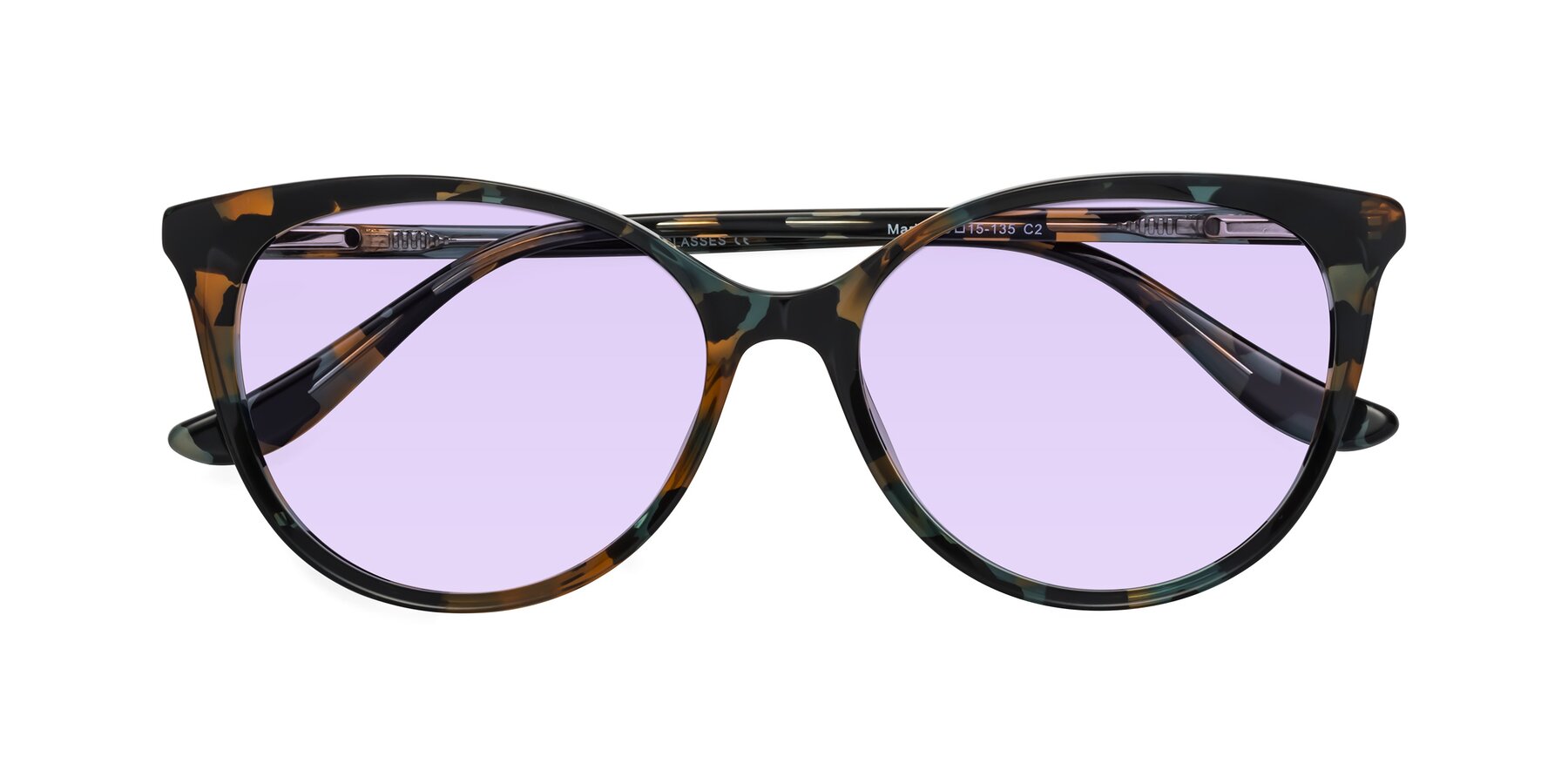 Folded Front of Maria in Orange Tortoise with Light Purple Tinted Lenses