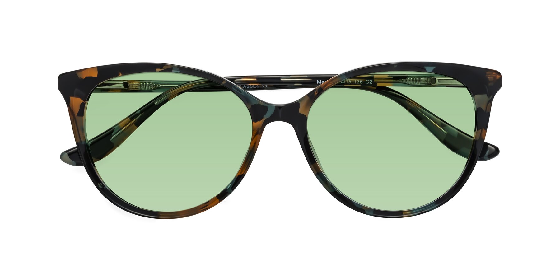 Folded Front of Maria in Orange Tortoise with Medium Green Tinted Lenses