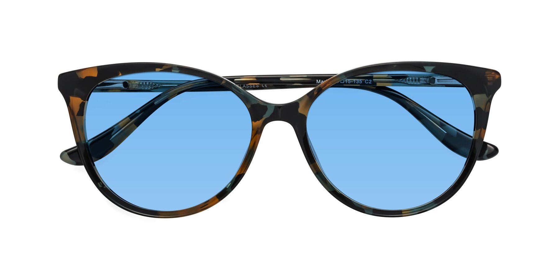 Folded Front of Maria in Orange Tortoise with Medium Blue Tinted Lenses