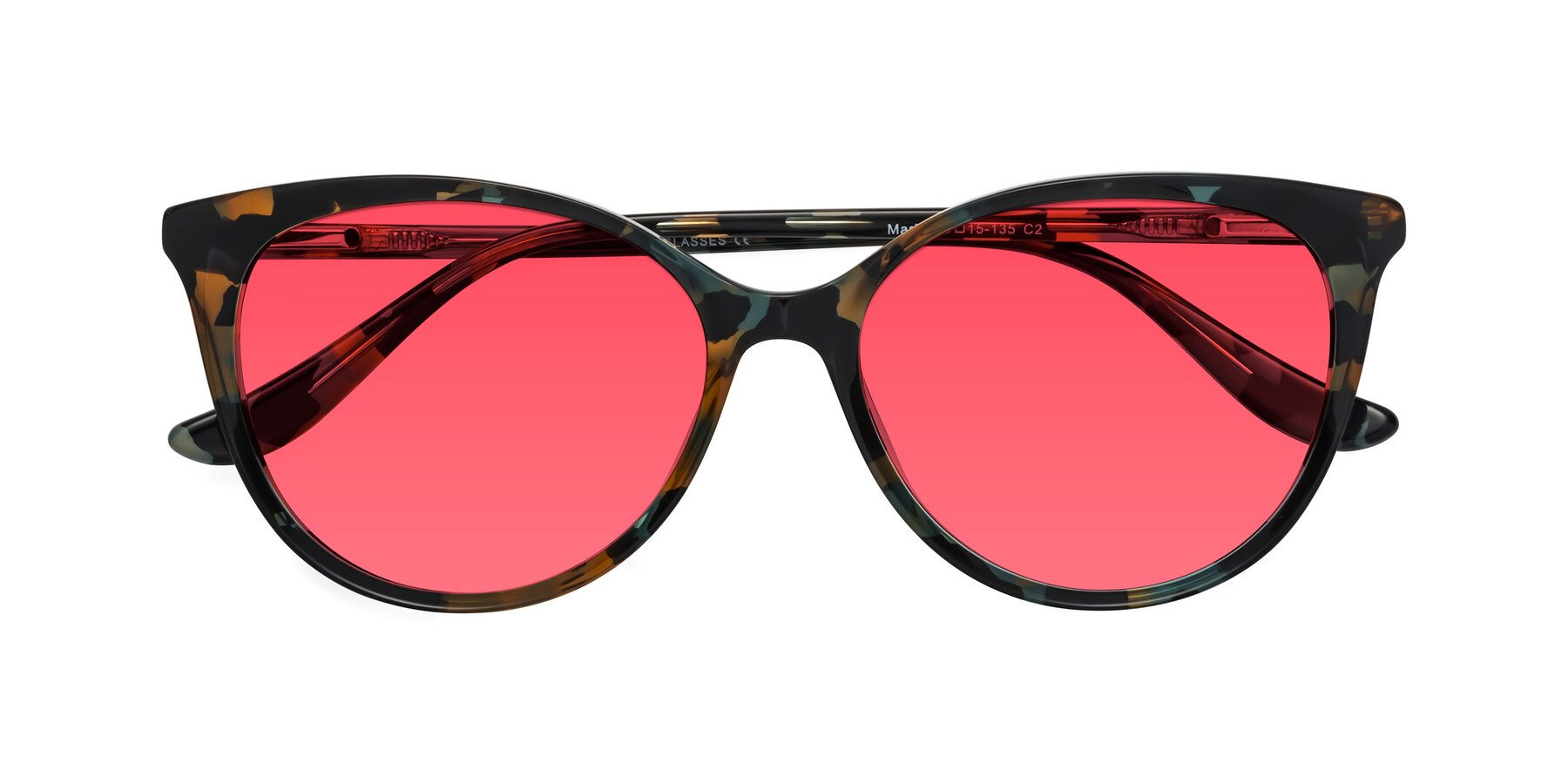 Folded Front of Maria in Orange Tortoise with Red Tinted Lenses