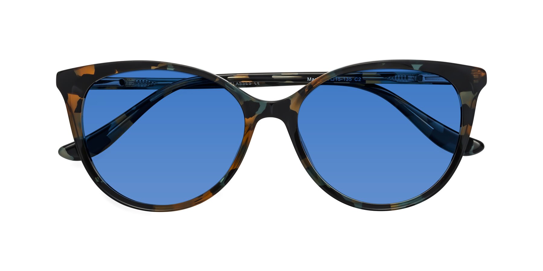 Folded Front of Maria in Orange Tortoise with Blue Tinted Lenses