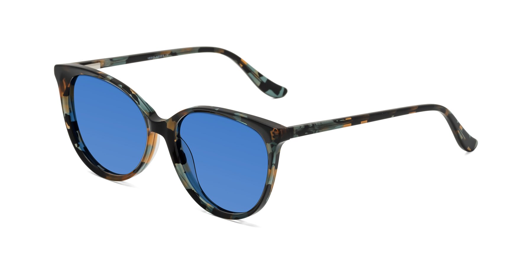 Angle of Maria in Orange Tortoise with Blue Tinted Lenses