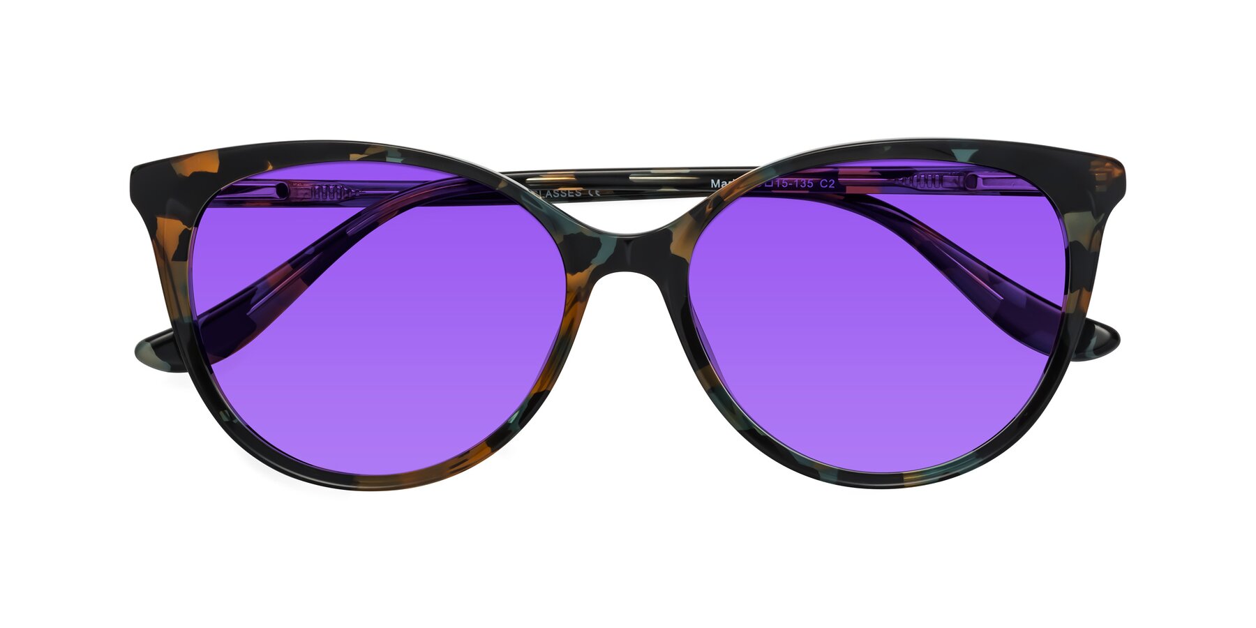 Folded Front of Maria in Orange Tortoise with Purple Tinted Lenses