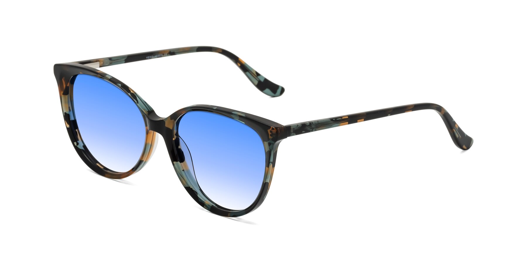 Angle of Maria in Orange Tortoise with Blue Gradient Lenses