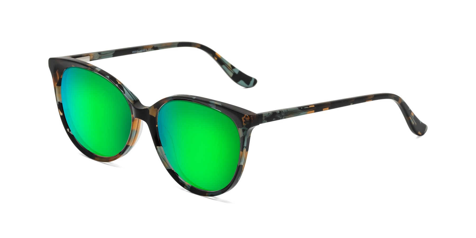 Angle of Maria in Orange Tortoise with Green Mirrored Lenses