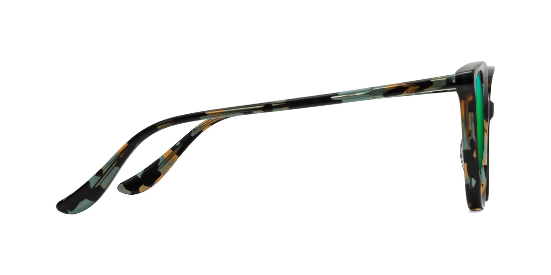 Side of Maria in Orange Tortoise with Green Mirrored Lenses